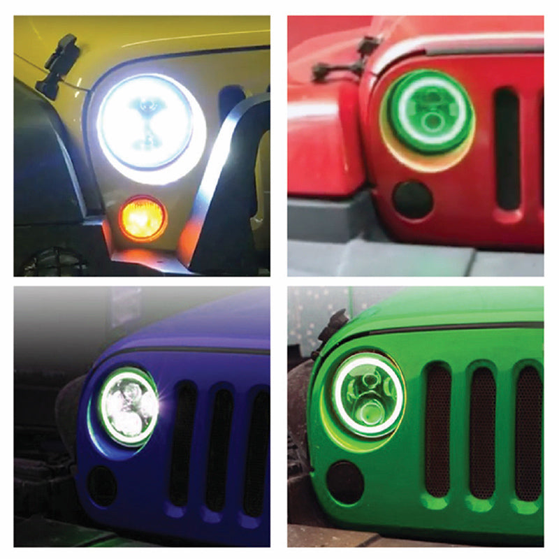 Quake LED Headlight 7 Inch RGB Accent Headlight High/Low RGB Full Halo Black Reflector Tempest - QTE555