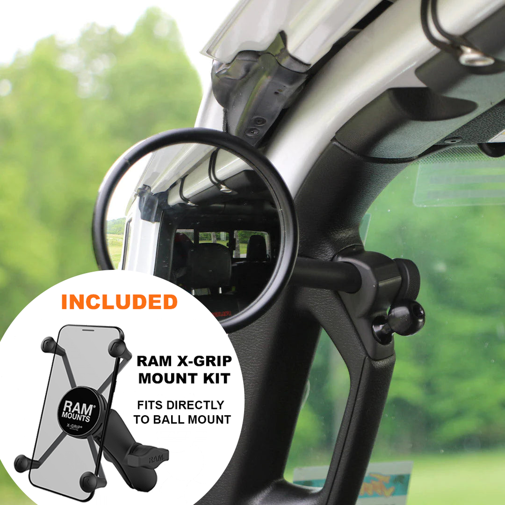 CMM Offroad Mirrors 1" Ball Mount + Ram Mount with X-Grip XL / black / 6" + 1" Ball Mount on the end JL/JLU A-Pillar Side Jeep Mirrors with Base Mount Driver AND Passenger