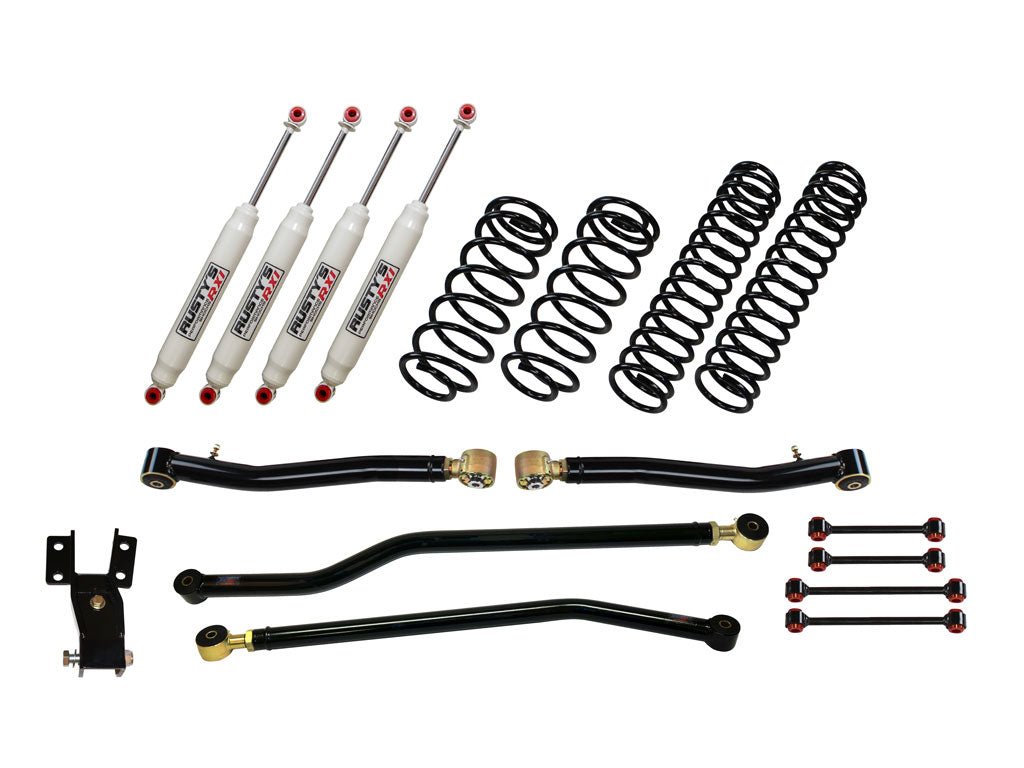 Rusty's Off Road Products Front Lower Control Arms w/ Forged Rubber End - High Clearance (JLJT) - (SKU: RC-CA211HC-JLJT) / RX100 Series (SKU: R-121 / R-121) / 2018 - 2023 Gasoline Engine Rusty's JL Wrangler 2" Basic Kit