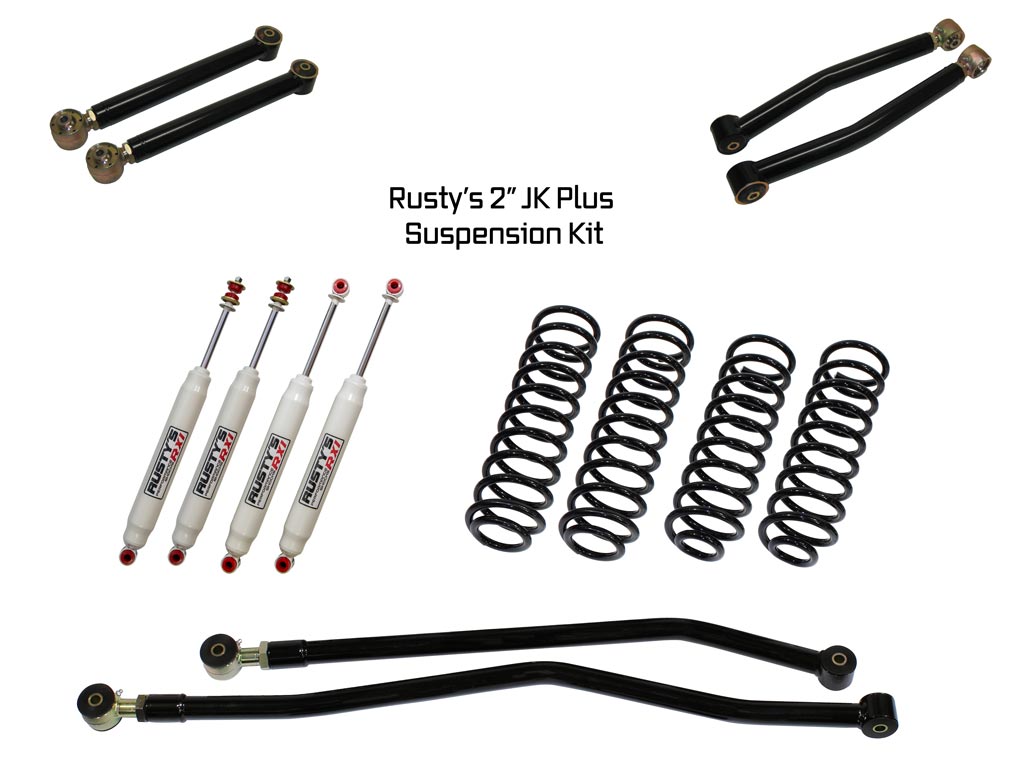 Rusty's Off Road Products RX100 Series (SKU: RX-27 / RX26) / Adjustable Control Arms with Forged Rubber Ends (SKU: RC-CA211-JK / RC-CA212-JKJL) Rusty's JK Wrangler 2" Plus Kit