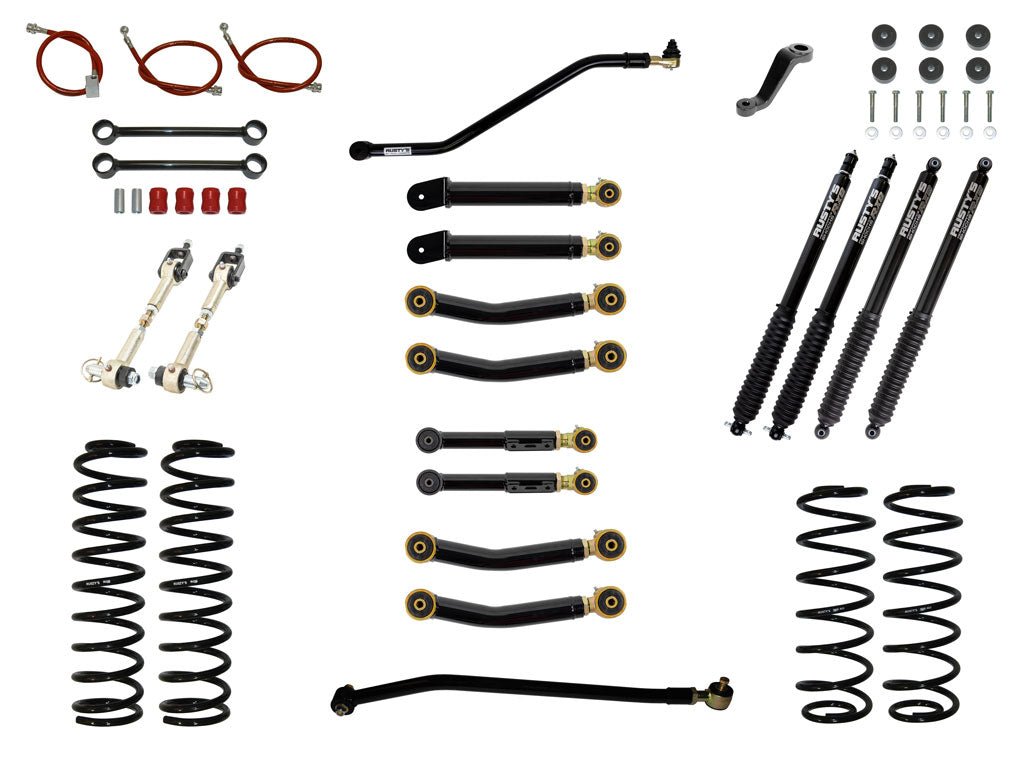 Rusty's Off Road Products RX800 Series (SKU: R-836 / R-813) / Adjustable Control Arms with Forged Rubber Ends (SKU: RC-CA211-UV / RC-CA221-UV / RC-CA211-UV / RC-CA222-UV) Rusty's TJ / LJ Wrangler 4.5" Advanced Kit
