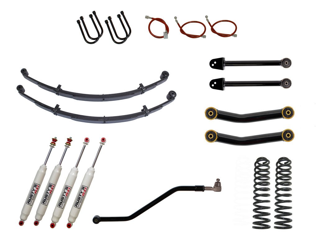 Rusty's Off Road Products RX100 Series (SKU: RX-27 / RX-26) / Fixed Length Upper and Lower Control Arms (SKU: RC-CA111-UV / RC-CA121-UV) / Dana 35 / Dana 44 (SKU: RC-UB-2) Rusty's XJ Cherokee 3" Advanced Kit