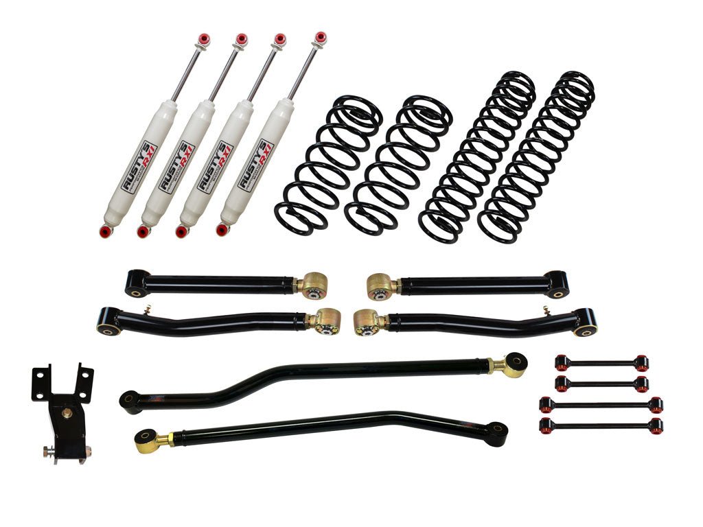Rusty's Off Road Products Front and Rear Adjustable Lower Control Arms with Forged Rubber Ends (SKU: RC-CA211HC-JLJT / RC-CA212-JKJL) / RX100 Series (SKU: R-121 / R-121) / 2018 - 2023 Gasoline Engine Rusty's JL Wrangler 2" Performance Kit