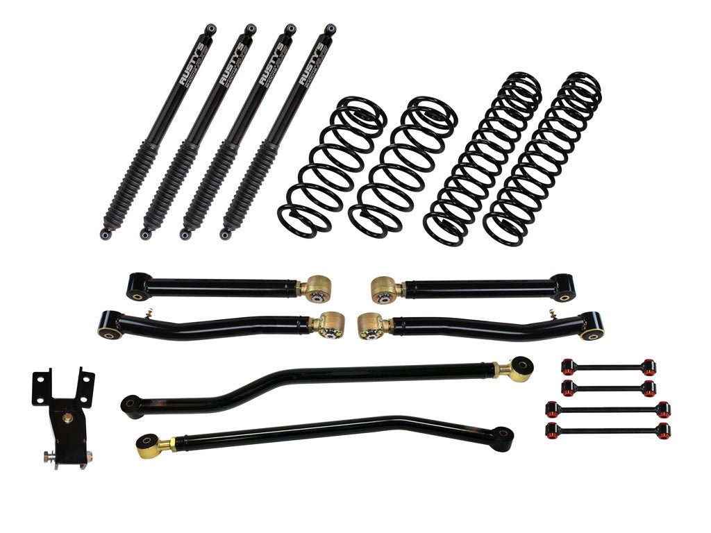 Rusty's Off Road Products Front and Rear Adjustable Lower Control Arms with Forged Rubber Ends (SKU: RC-CA211HC-JLJT / RC-CA212-JKJL) / RX800 Series (SKU: R-818 / R-818) / 2018 - 2023 Gasoline Engine Rusty's JL Wrangler 3" Performance Kit