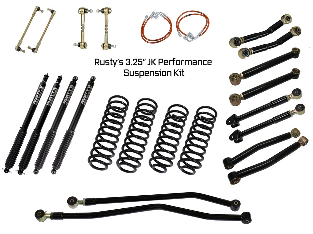 Rusty's Off Road Products RX800 Series (SKU: R-836 / R-813) / Adjustable Control Arms with Forged Rubber Ends (SKU: RC-CA211-JK / RC-CA221-JK / RC-CA212-JKJL / RC-CA222-JKJL) / 2007-2010 JK Wrangler Rusty's JK Wrangler 3.25" Performance Kit
