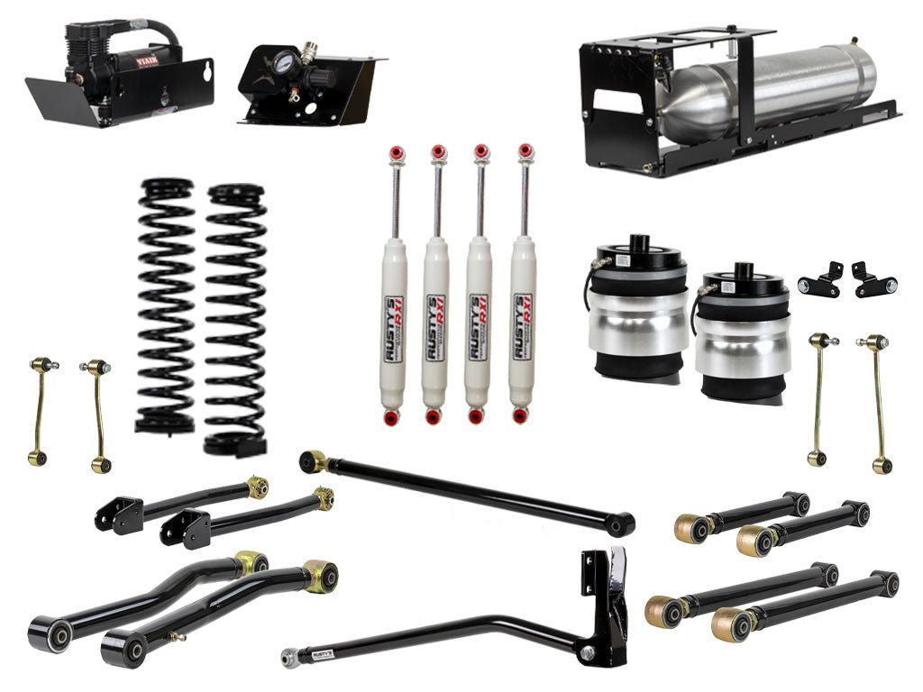 Rusty's Off Road Products Adjustable Control Arms with Forged Rubber Ends - (SKU: RC-CA211HC-JLJT / RC-CA421-JLJT  / RC-CA212-JT  /  RC-CA222-JT) / RX100 Series (SKU: R-118 / R-111) / 2018 - 2023 Gasoline Engine Rusty's JT Gladiator 4" Overland Advanced Kit with Rear Air Bags