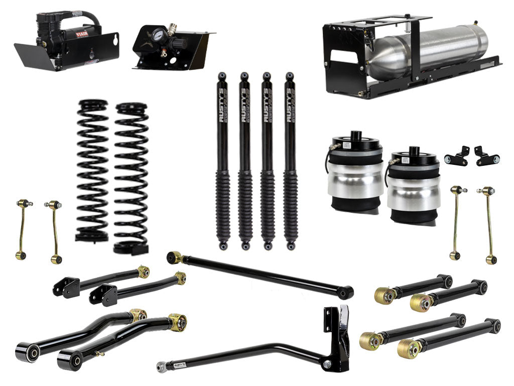 Rusty's Off Road Products Adjustable Control Arms with Forged Flex Ends - (SKU: RC-CA411HC-JLJT / RC-CA421-JLJT  / RC-CA412-JT  /  RC-CA422-JT) / RX800 Series (SKU: R-878 / R-888) / 2018 - 2023 Gasoline Engine Rusty's JT Gladiator 4" Overland Advanced Kit with Rear Air Bags