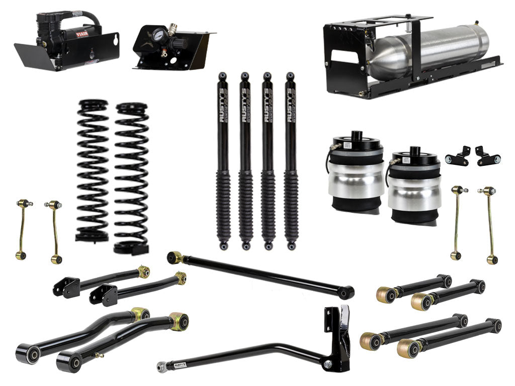Rusty's Off Road Products Adjustable Control Arms with Forged Rubber Ends - (SKU: RC-CA211HC-JLJT / RC-CA421-JLJT  / RC-CA212-JT  /  RC-CA222-JT) / RX800 Series (SKU: R-878 / R-888) / 2018 - 2023 Gasoline Engine Rusty's JT Gladiator 4" Overland Advanced Kit with Rear Air Bags