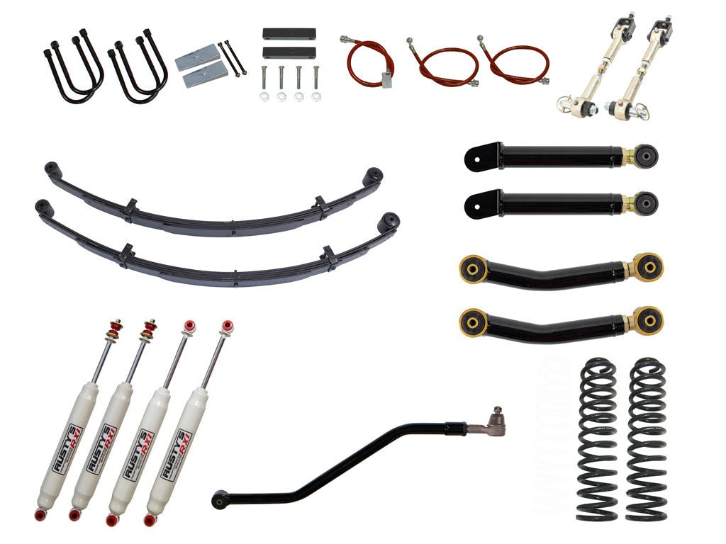 Rusty's Off Road Products RX100 Series (SKU: RX-36 / RX-13) / Adjustable Control Arms with Forged Rubber Ends (SKU: RC-CA211-UV / RC-CA221-UV) / Dana 35 / Dana 44 (SKU: RC-UB-2) Rusty's XJ Cherokee 4.5" Advanced Kit