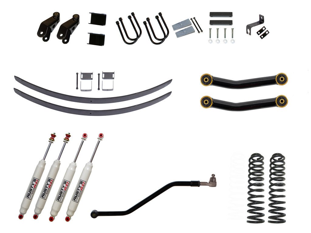Rusty's Off Road Products RX100 Series (SKU: RX-36 / RX-13) / Fixed Lower Control Arms (SKU: RC-CA111-UV) / Dana 35 / Dana 44 (SKU: RC-UB-2) Rusty's XJ Cherokee 4.5" Add-A-Leaf Kit