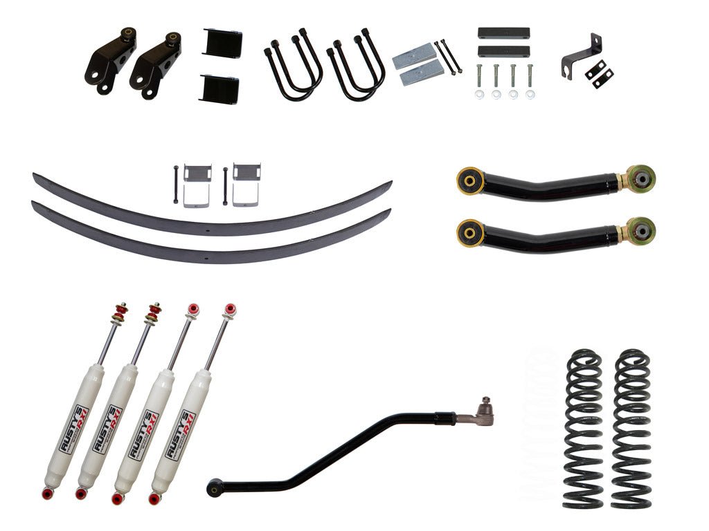 Rusty's Off Road Products RX100 Series (SKU: RX-36 / RX-13) / Adjustable Control Arms with Forged Flex Ends (SKU: RC-CA411-UV) / Dana 35 / Dana 44 (SKU: RC-UB-2) Rusty's XJ Cherokee 4.5" Add-A-Leaf Kit