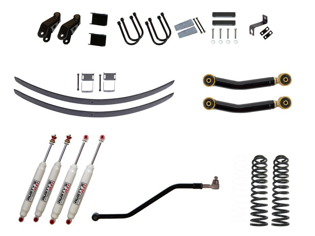 Rusty's Off Road Products RX100 Series (SKU: RX-36 / RX-13) / Adjustable Control Arms with Forged Rubber Ends (SKU: RC-CA211-UV) / Dana 35 / Dana 44 (SKU: RC-UB-2) Rusty's XJ Cherokee 4.5" Add-A-Leaf Kit