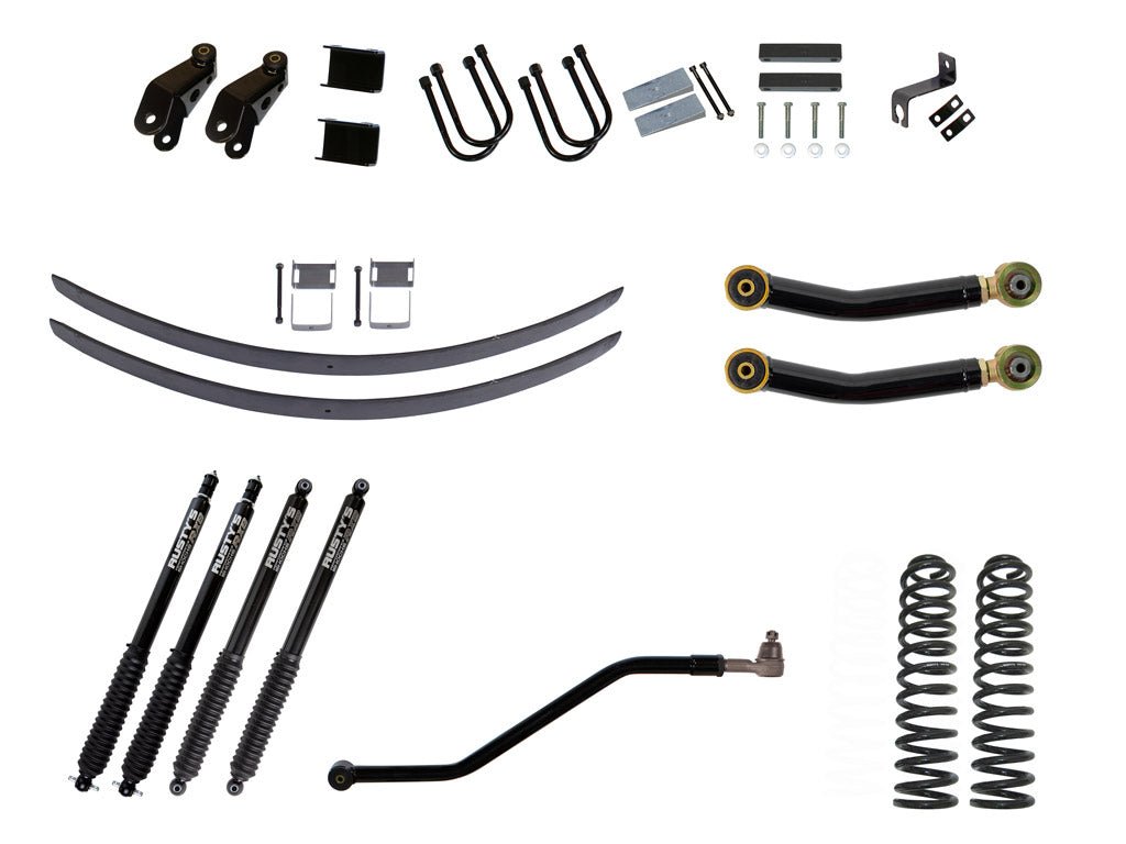 Rusty's Off Road Products RX800 Series (SKU: R-836 / R-813) / Adjustable Control Arms with Forged Flex Ends (SKU: RC-CA411-UV) / Dana 35 / Dana 44 (SKU: RC-UB-2) Rusty's XJ Cherokee 4.5" Add-A-Leaf Kit