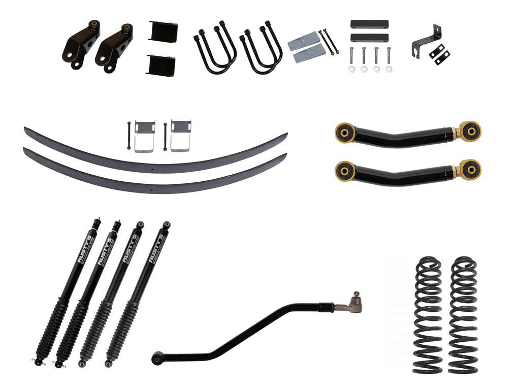Rusty's Off Road Products RX800 Series (SKU: R-836 / R-813) / Adjustable Control Arms with Forged Rubber Ends (SKU: RC-CA211-UV) / Dana 35 / Dana 44 (SKU: RC-UB-2) Rusty's XJ Cherokee 4.5" Add-A-Leaf Kit