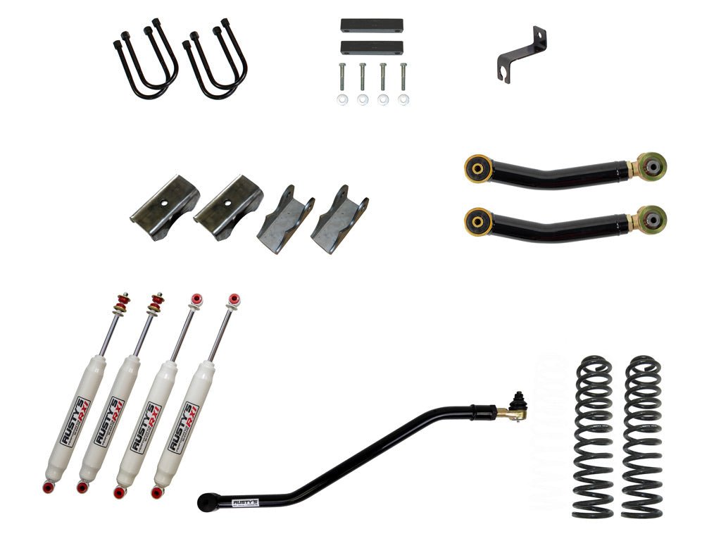 Rusty's Off Road Products RX100 Series (SKU: RX-36 / RX-11) / Adjustable Control Arms with Forged Flex Ends (SKU: RC-CA411-UV) / Dana 35 / Dana 44 (SKU: RC-UB-2) Rusty's MJ Comanche 4.5" Spring-Over Kit
