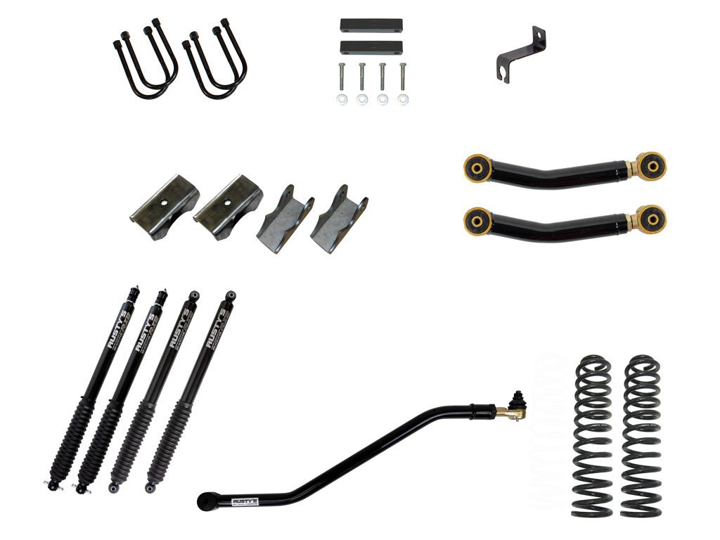 Rusty's Off Road Products RX800 Series (SKU: R-836 / R-811) / Adjustable Control Arms with Forged Rubber Ends (SKU: RC-CA211-UV) / Dana 35 / Dana 44 (SKU: RC-UB-2) Rusty's MJ Comanche 4.5" Spring-Over Kit