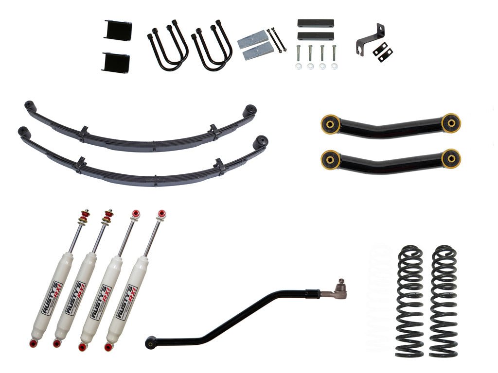 Rusty's Off Road Products RX100 Series (SKU: RX-36 / RX-13) / Fixed Lower Control Arms (SKU: RC-CA111-UV) / Dana 35 / Dana 44 (SKU: RC-UB-2) Rusty's XJ Cherokee 4.5" Spring Pack Kit