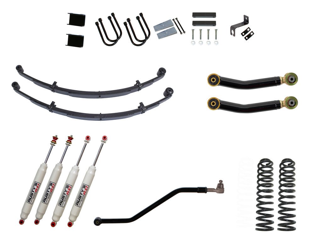 Rusty's Off Road Products RX100 Series (SKU: RX-36 / RX-13) / Adjustable Control Arms with Forged Flex Ends (SKU: RC-CA411-UV) / Dana 35 / Dana 44 (SKU: RC-UB-2) Rusty's XJ Cherokee 4.5" Spring Pack Kit