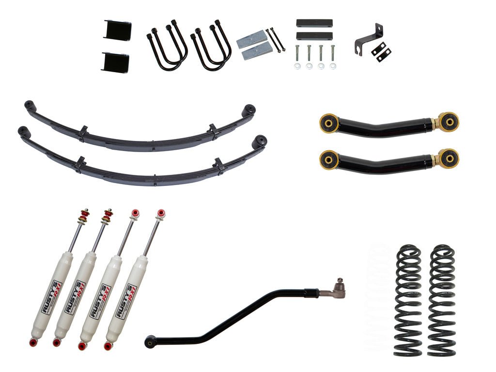 Rusty's Off Road Products RX100 Series (SKU: RX-36 / RX-13) / Adjustable Control Arms with Forged Rubber Ends (SKU: RC-CA211-UV) / Dana 35 / Dana 44 (SKU: RC-UB-2) Rusty's XJ Cherokee 4.5" Spring Pack Kit