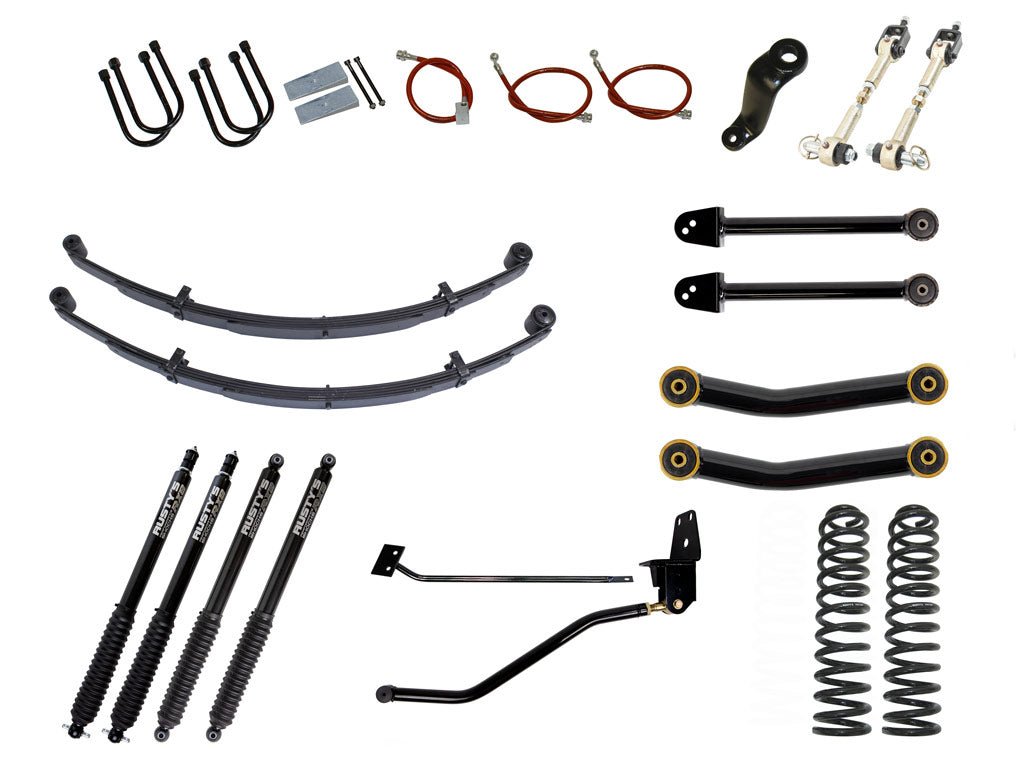 Rusty's Off Road Products RX800 Series (SKU: R-816 / R-811) / Fixed Length Upper and Lower Control Arms (SKU: RC-CA111-UV / RC-CA121-UV) / Dana 35 / Dana 44 (SKU: RC-UB-2) Rusty's XJ Cherokee 6.5" Spring Pack Kit With 4.5" Rear Leaf Springs And 1.5" Extended Shackles