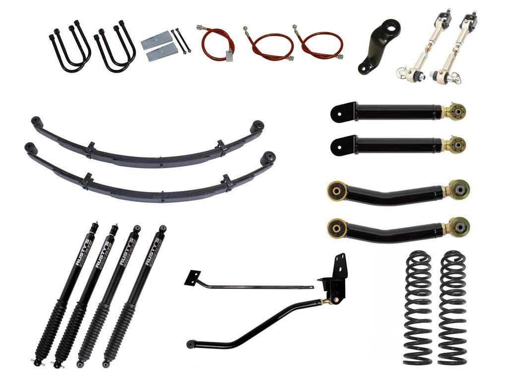 Rusty's Off Road Products RX800 Series (SKU: R-816 / R-811) / Adjustable Control Arms with Forged Flex Ends (SKU: RC-CA411-UV / RC-CA421-UV) / Dana 35 / Dana 44 (SKU: RC-UB-2) Rusty's XJ Cherokee 6.5" Spring Pack Kit With 4.5" Rear Leaf Springs And 1.5" Extended Shackles