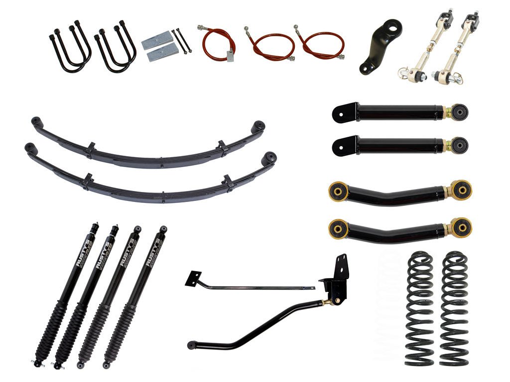 Rusty's Off Road Products RX800 Series (SKU: R-816 / R-811) / Adjustable Control Arms with Forged Rubber Ends (SKU: RC-CA211-UV / RC-CA221-UV) / Dana 35 / Dana 44 (SKU: RC-UB-2) Rusty's XJ Cherokee 6.5" Spring Pack Kit With 4.5" Rear Leaf Springs And 1.5" Extended Shackles