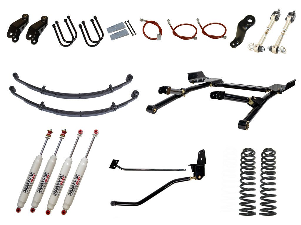 Rusty's Off Road Products RX100 Series (SKU: RX-16 / RX-11) / Radius Arm (SKU: RK-LT10-XJ-STD) / Dana 35 / Dana 44 (SKU: RC-UB-2) Rusty's XJ Cherokee 6.5" Long Travel Kit with 4.5" Rear Leaf Springs and 1.5" Extended Shackles
