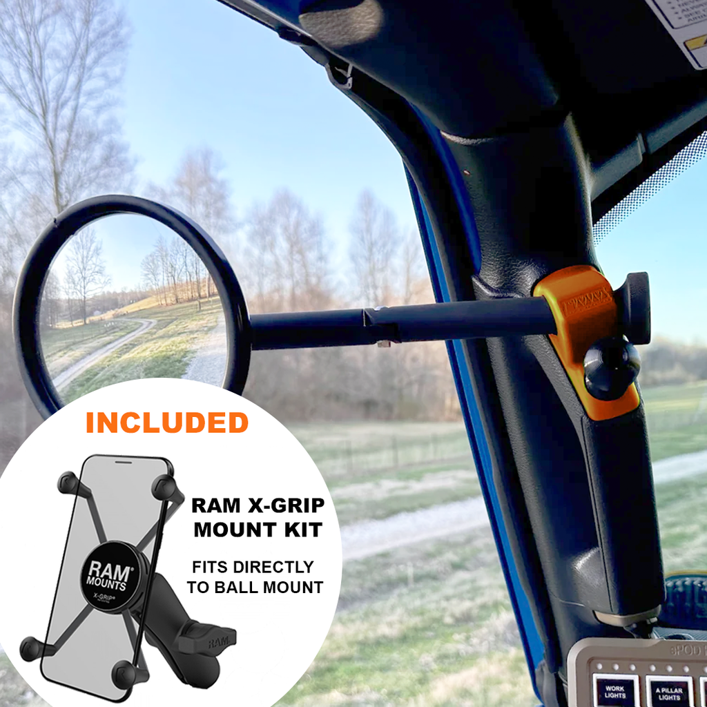 CMM Offroad Mirrors 1" Ball Mount + Ram Mount with X-Grip XL / orange / 8" Breakaway JL/JLU A-Pillar Side Jeep Mirrors with Base Mount Driver AND Passenger