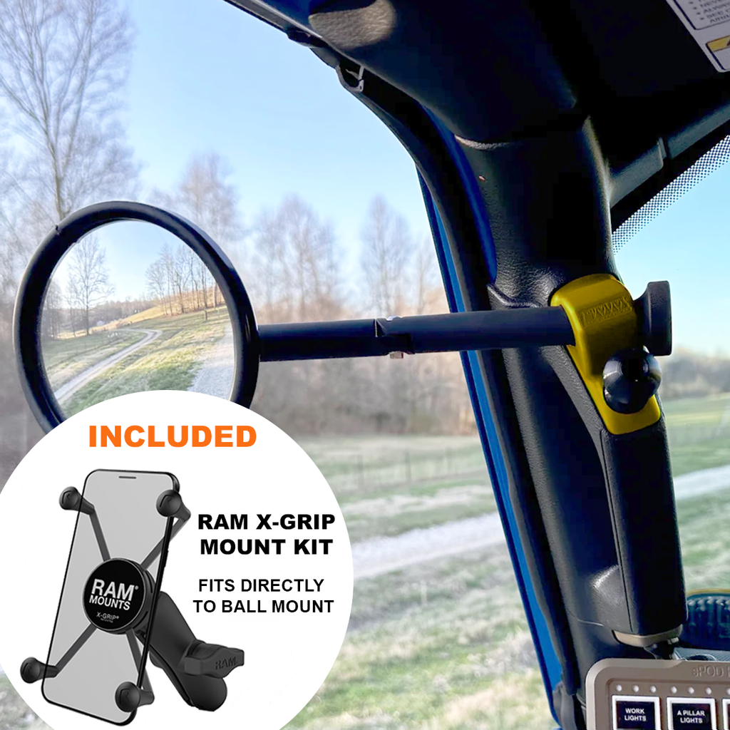 CMM Offroad Mirrors 1" Ball Mount + Ram Mount with X-Grip XL / yellow / 8" Breakaway JL/JLU A-Pillar Side Jeep Mirrors with Base Mount Driver AND Passenger