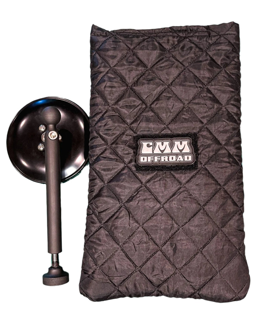 CMM Offroad padded mirror storage bag beside round mirror — available from Offroad Trading Company