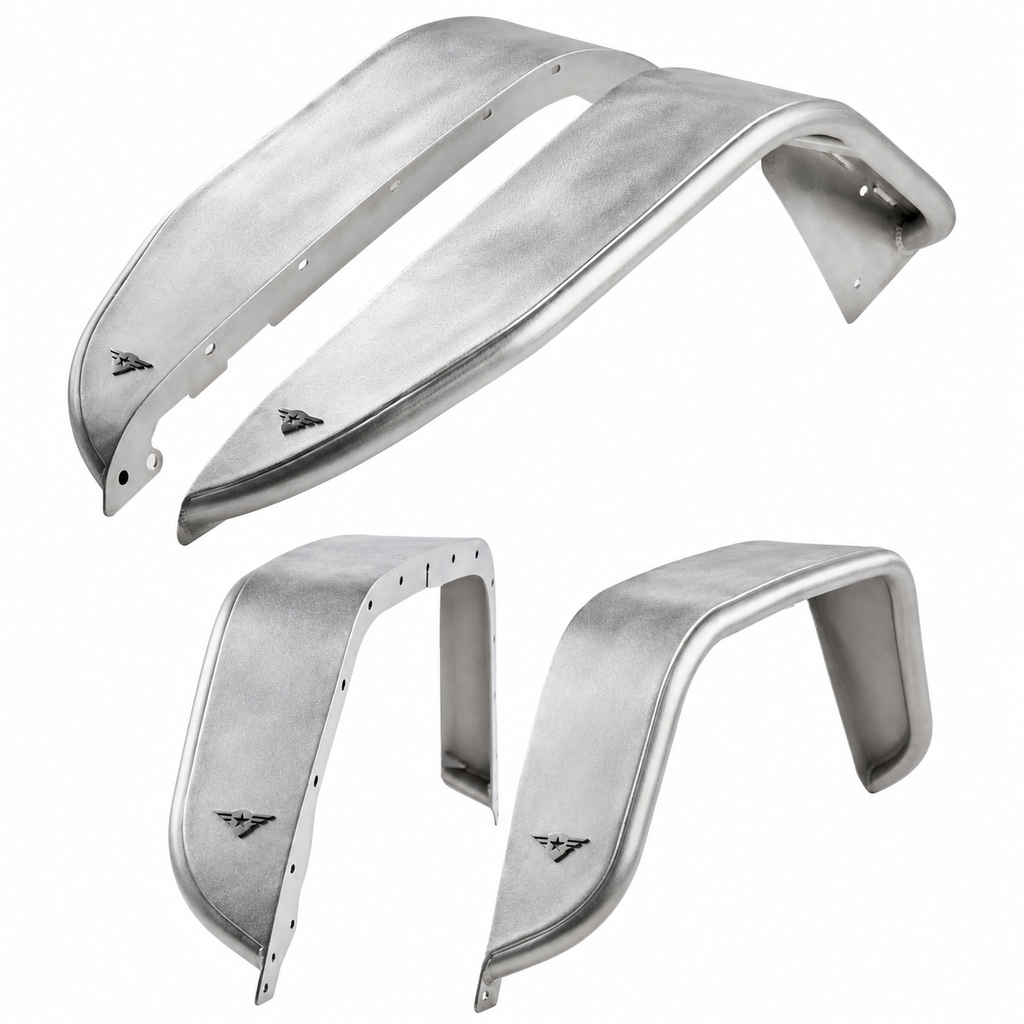Illustrative composite of Combat Off Road raw aluminum Gladiator JT fender set: two front fenders 35-1176 and two rear fenders 35-1179