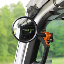 Load image into Gallery viewer, CMM Offroad round Jeep side mirror installed on A-Pillar base mount — available from Offroad Trading Company
