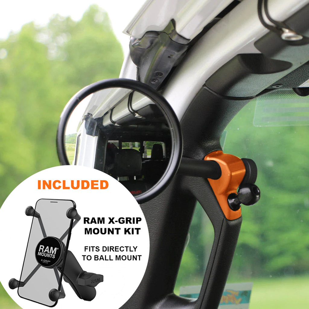 CMM Offroad Mirrors 1" Ball Mount + Ram Mount with X-Grip XL / orange / 6" + 1" Ball Mount on the end JL/JLU A-Pillar Side Jeep Mirrors with Base Mount Driver AND Passenger