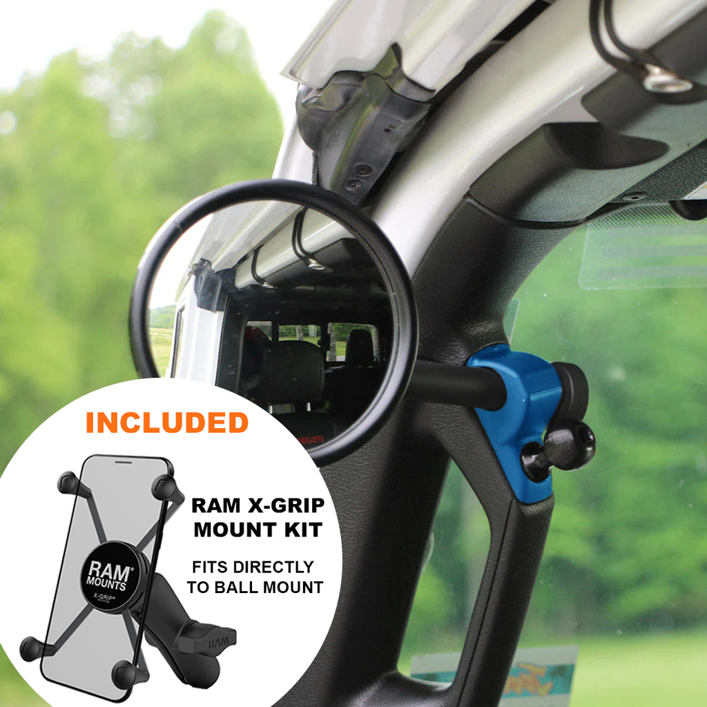CMM Offroad Mirrors 1" Ball Mount + Ram Mount with X-Grip XL / blue / 6" + 1" Ball Mount on the end JL/JLU A-Pillar Side Jeep Mirrors with Base Mount Driver AND Passenger