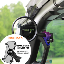 Load image into Gallery viewer, CMM Offroad Jeep A-Pillar side mirror with RAM X-Grip option shown — available from Offroad Trading Company