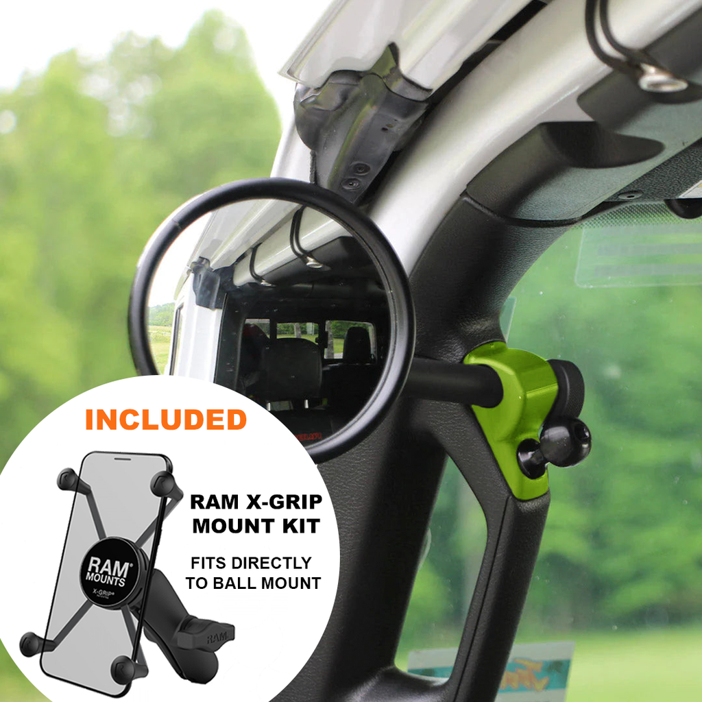 CMM Offroad Mirrors 1" Ball Mount + Ram Mount with X-Grip XL / green / 6" + 1" Ball Mount on the end JL/JLU A-Pillar Side Jeep Mirrors with Base Mount Driver AND Passenger