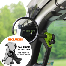 Load image into Gallery viewer, CMM Offroad Mirrors 1" Ball Mount + Ram Mount with X-Grip XL / green / 6" + 1" Ball Mount on the end JL/JLU A-Pillar Side Jeep Mirrors with Base Mount Driver AND Passenger
