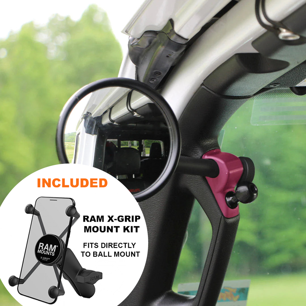 CMM Offroad Mirrors 1" Ball Mount + Ram Mount with X-Grip XL / pink / 6" + 1" Ball Mount on the end JL/JLU A-Pillar Side Jeep Mirrors with Base Mount Driver AND Passenger