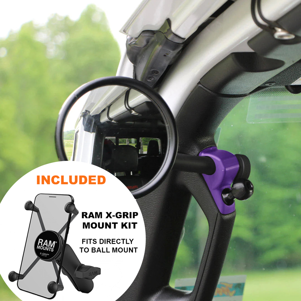 CMM Offroad Mirrors 1" Ball Mount + Ram Mount with X-Grip XL / purple / 6" + 1" Ball Mount on the end JL/JLU A-Pillar Side Jeep Mirrors with Base Mount Driver AND Passenger