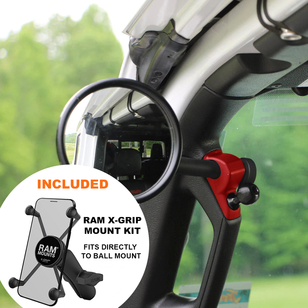 CMM Offroad Mirrors 1" Ball Mount + Ram Mount with X-Grip XL / red / 6" + 1" Ball Mount on the end JL/JLU A-Pillar Side Jeep Mirrors with Base Mount Driver AND Passenger