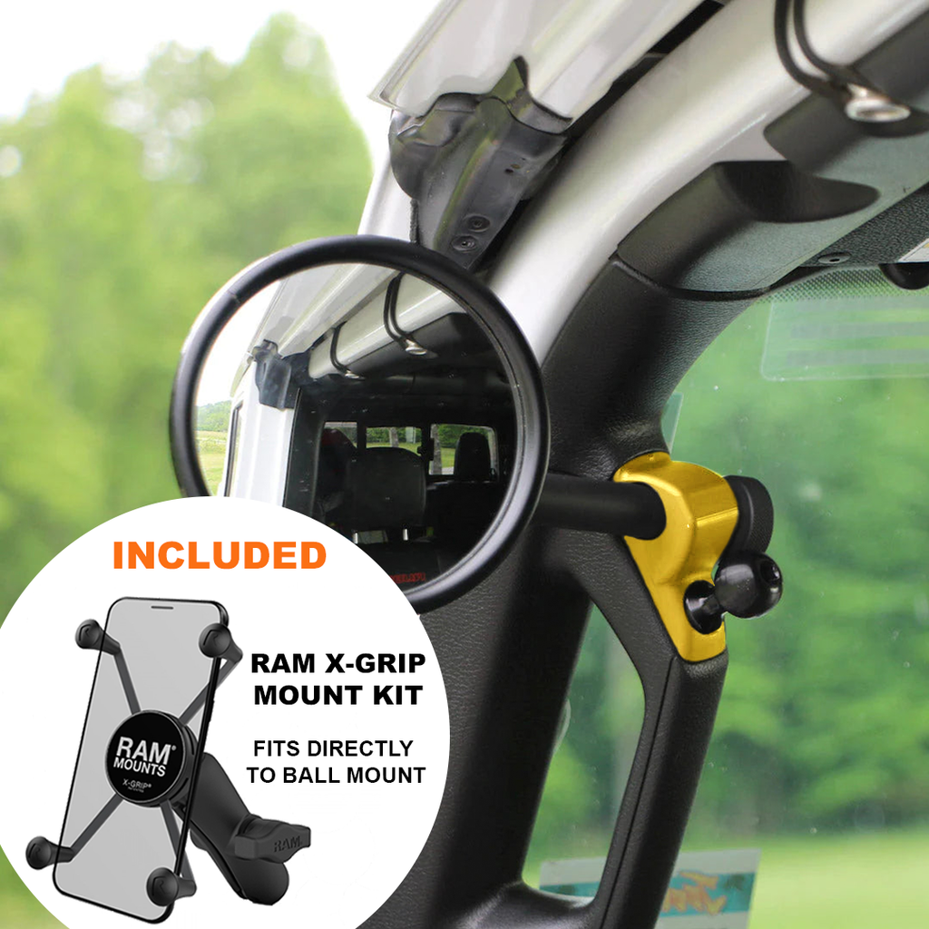 CMM Offroad Mirrors 1" Ball Mount + Ram Mount with X-Grip XL / yellow / 6" + 1" Ball Mount on the end JL/JLU A-Pillar Side Jeep Mirrors with Base Mount Driver AND Passenger