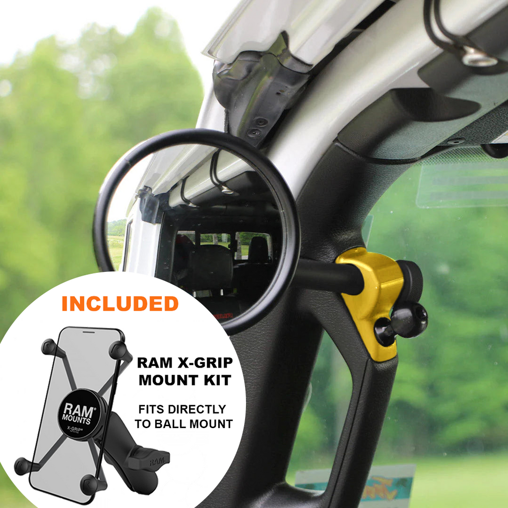 CMM Offroad Jeep A-Pillar side mirror with RAM X-Grip option shown — available from Offroad Trading Company