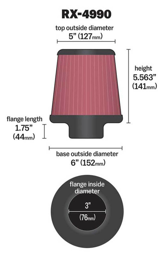 K&N Engineering Air Filters - Universal Fit K&N Filter Universal X Stream Clamp-On 3 inch Flange 6 inch Base  5 inch Top 5 9/16 inch Height