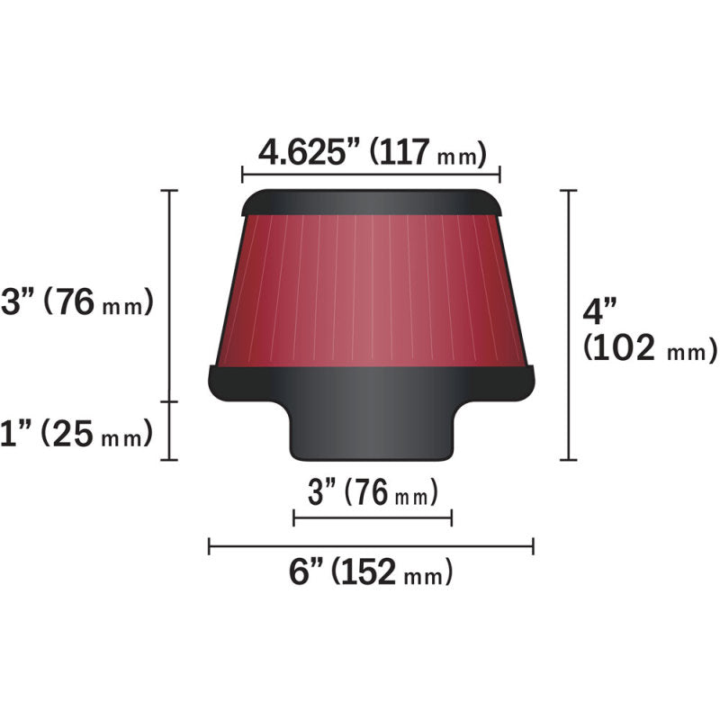 K&N Engineering Air Filters - Universal Fit K&N Universal Round Clamp-On Air Filter 3in Flange ID x 6in Base OD x 4.625in Top OD x 3in Height