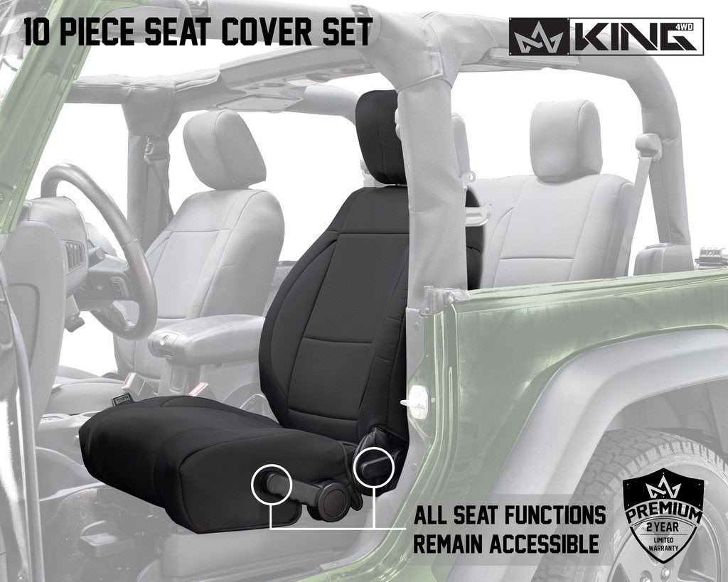 King4WD Seat Cover Jeep JK Seat Covers 10 Piece Neoprene Seat Covers Black/Black For 08-12 Wrangler JK 2 Door King 4WD - 11010301