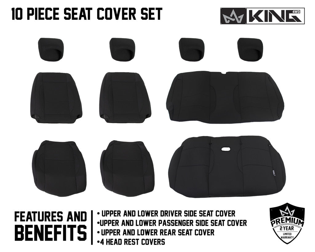 King4WD Seat Cover Jeep JK Seat Covers 10 Piece Neoprene Seat Covers Black/Black For 08-12 Wrangler JK 2 Door King 4WD - 11010301