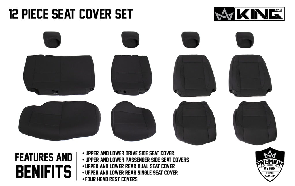 King4WD Seat Cover Jeep JK Seat Covers 12 Piece Neoprene Seat Covers Black/Black For 2007 Wrangler JK 4 Door King 4WD - 11010501
