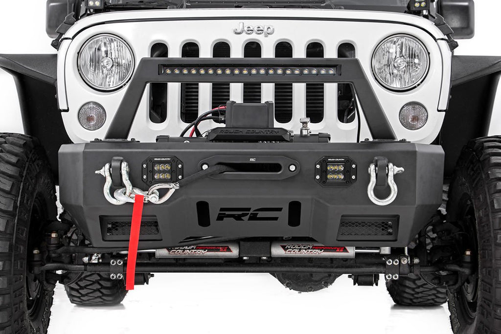 Rough Country Front Bumpers Jeep Front Stubby LED Winch Bumper w/Hoop Black Series JK, JL, Gladiator JT Rough Country - 11826