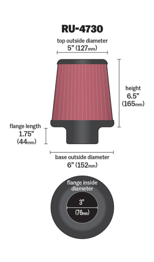 K&N Engineering Air Filters - Universal Fit K&N Filter 3 inch Flange 6 inch Base 5 Top 6 1/2 inch Height