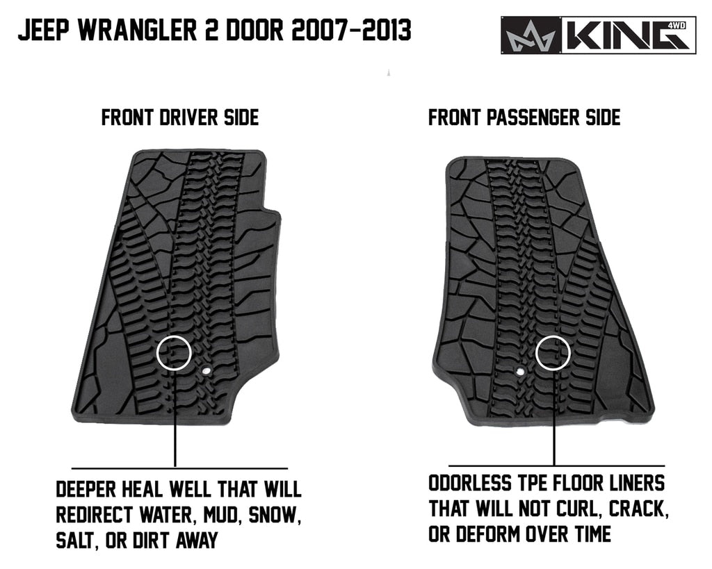 King4WD Front And Second Seat Floor Liners Jeep JK TPE Form Fitting Floor Liners For 07-13 Wrangler JK 2 Door Front and Rear 4 Piece Black King 4WD - 28010201